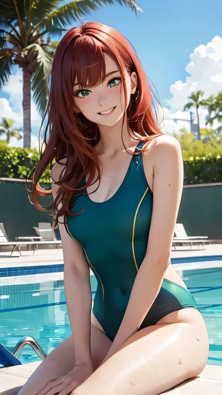 sit down and spread your legs、Emphasis on the crotch, actual、Super high chroma、8k、Long red hair(((30 year old woman)))、((((She is wearing a green race swimsuit。))))、competitive swimmer、big breasts、Thick thighs、Pay attention to muscle development。競泳プールolympic Comcompetitive swimmerics stadium 美しい顔, Highly detailed face and skin textures, A disdainful expression appeared on his face，(Eyes have small wrinkles, double eyelids, thin eyebrows, glitter eyeliner: 1.2, natural cheeks, skin shiny, White skin,, (glossy lips: 1. 4),Sweating 1.0、(((vitality)))