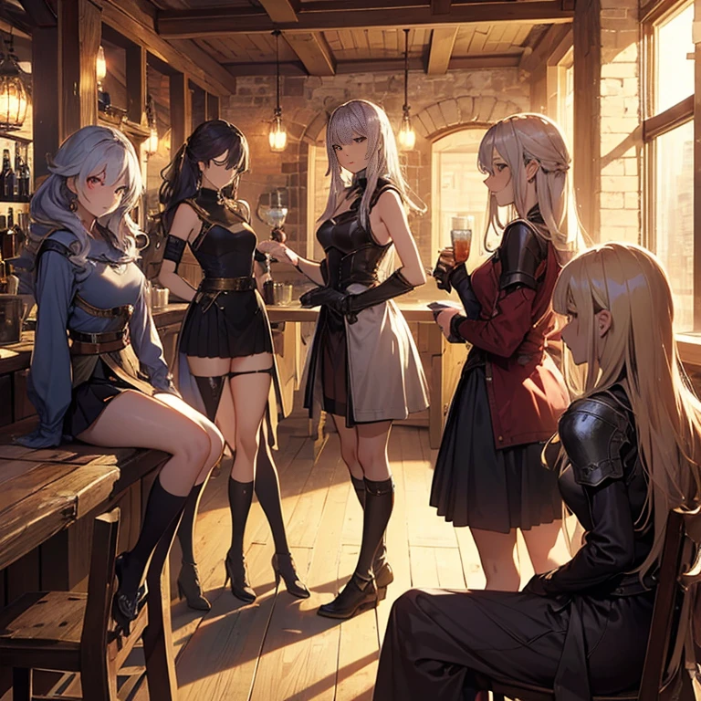A group of female medieval fantasy adventurers, (in tavern), various hair styles, harem, night, details face, short skirt, seducing, sleeveless, armor