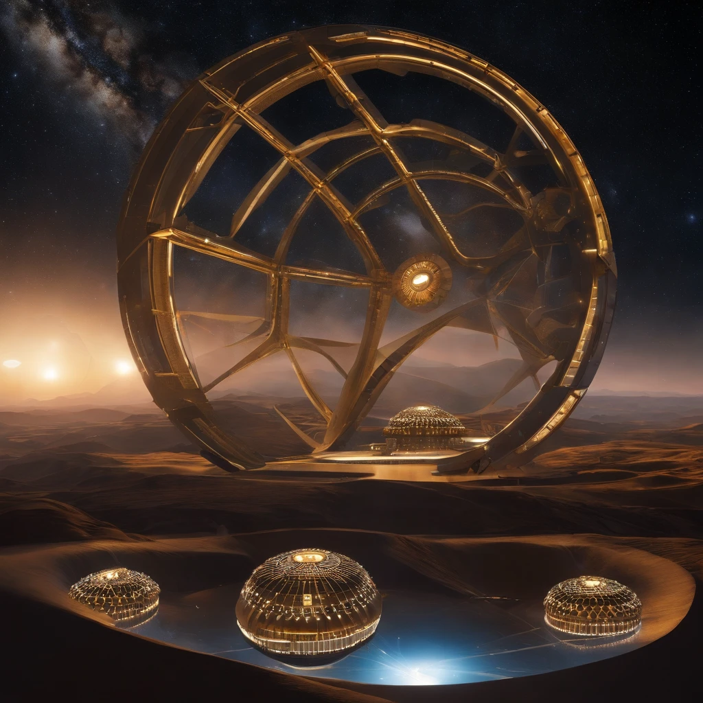 A breathtaking conceptual art piece showcasing an enormous space station, Deep Space 9 style but in the shape of Babylon 5. In the style of protovision and 3D render, the station is surrounded by six O'Neal Class space stations, arranged in equilateral formation, with one in the center. The space station is as massive as 10 times Saturn and generates its own power, illuminating the surrounding area with vibrant glass and crystal diamond-like structures. It's a world memorizing world into itself. At the zenith, of the structure is the command center, in the shape of a metallic gold wired constructed circular 1974 Winnebago. This cinematic scene, inspired by Walter Matt Jeffries, Arthur C Clarke, & Leonardo Da Vinci, features a massive bustling spaceport with hundreds of starships constantly arriving and departing, while the background showcases a stunning cosmic landscape of stars, a nebula, and a comet. It's in 2 million UHD Resolution. The overall composition is a masterful blend of architecture, portrait photography, and the vision of life in the year 5,000., architecture, cinematic, portrait photography, 3d render, poster, vibrant glass 