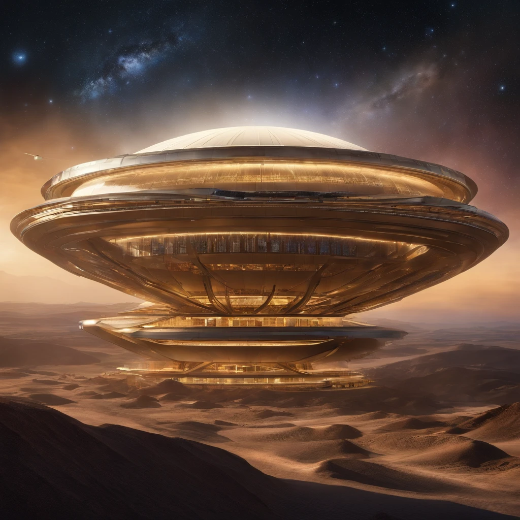 A breathtaking conceptual art piece showcasing an enormous space station, Deep Space 9 style but in the shape of Babylon 5. In the style of protovision and 3D render, the station is surrounded by six O'Neal Class space stations, arranged in equilateral formation, with one in the center. The space station is as massive as 10 times Saturn and generates its own power, illuminating the surrounding area with vibrant glass and crystal diamond-like structures. It's a world memorizing world into itself. At the zenith, of the structure is the command center, in the shape of a metallic gold wired constructed circular 1974 Winnebago. This cinematic scene, inspired by Walter Matt Jeffries, Arthur C Clarke, & Leonardo Da Vinci, features a massive bustling spaceport with hundreds of starships constantly arriving and departing, while the background showcases a stunning cosmic landscape of stars, a nebula, and a comet. It's in 2 million UHD Resolution. The overall composition is a masterful blend of architecture, portrait photography, and the vision of life in the year 5,000., architecture, cinematic, portrait photography, 3d render, poster, vibrant glass 