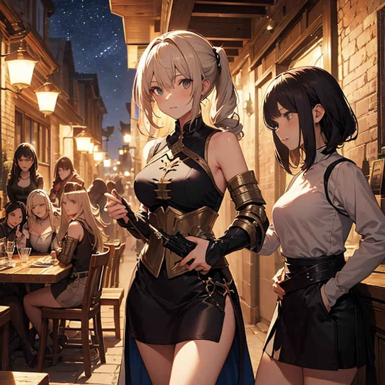 A group of  female medieval fantasy adventurers, (in tavern), various hair styles, harem, night, details face, short skirt, seducing, sleeveless, armor 