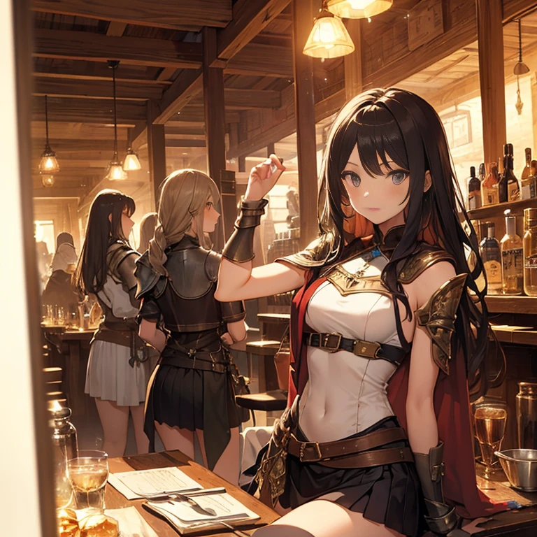 A group of female medieval fantasy adventurers, (in tavern), various hair styles, harem, night, details face, short skirt, seducing, sleeveless, armor