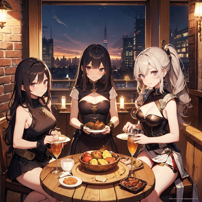 A group of female medieval fantasy adventurers, (in tavern), various hair styles, harem, night, details face, short skirt, seducing, sleeveless, armor