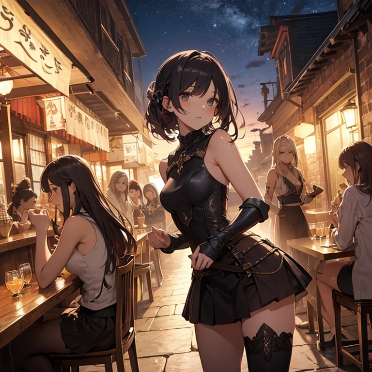 A group of  female medieval fantasy adventurers, (in tavern), various hair styles, harem, night, details face, short skirt, seducing, sleeveless, armor 