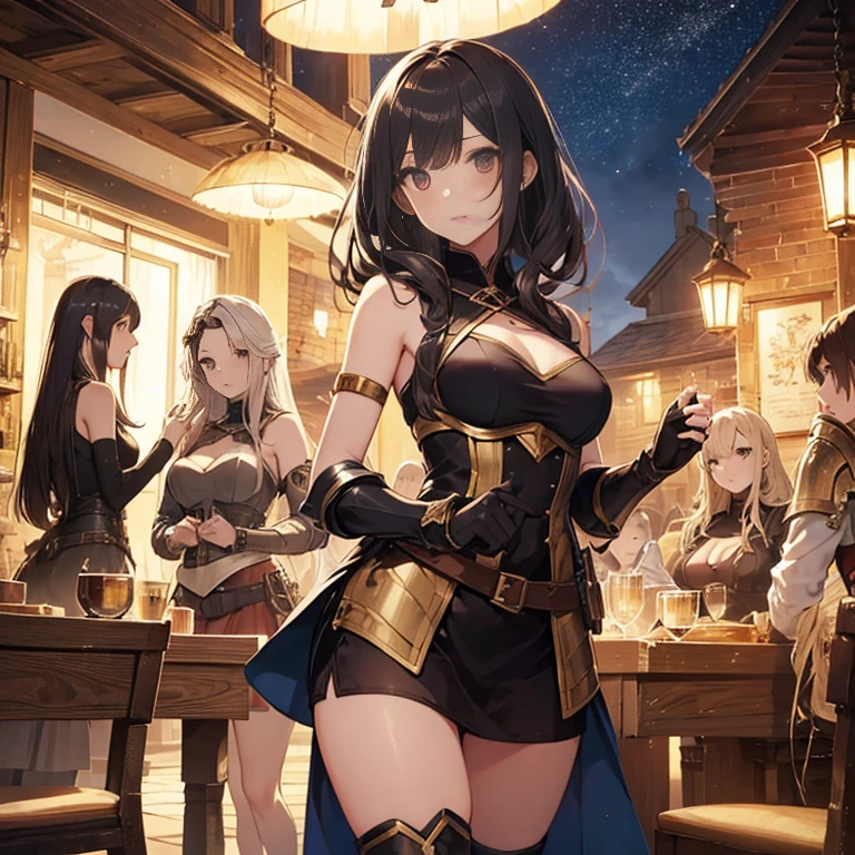 A group of female medieval fantasy adventurers, (in tavern), various hair styles, harem, night, details face, short skirt, seducing, sleeveless, armor