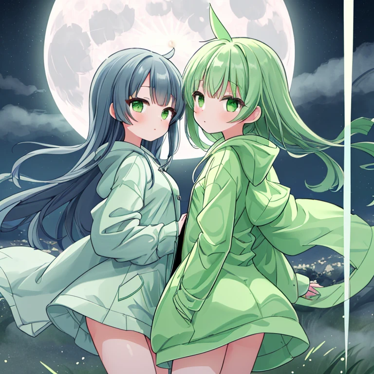 Moon, moonlight, two sexy girls, green raincoat, front view,tornado , wind