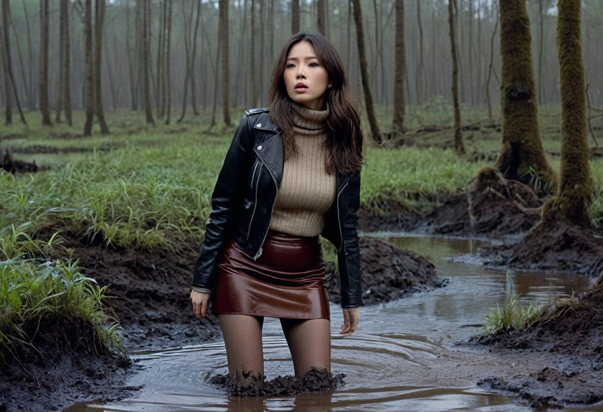 8k, ultra-detailed, grainy film photo, masterpiece, ultra-detailed, side view:1.2, muffled colors, muted light:1.0, intensive dry-humping movements:1.4, stockings, brown turtleneck sweater, leather jacket, pencil skirt, looking towards,woman drowning in forest mud bog, long brunette hair, depraved, asian,beige, brown, red,