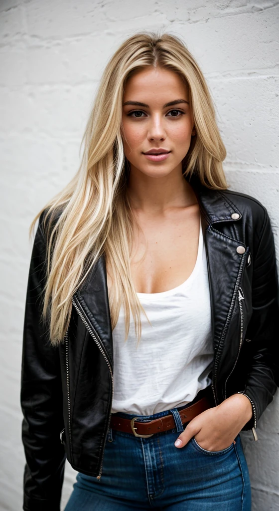 A 23 year old blonde woman, ((big breasts)), ((hyperrealism)) ,. Blonde hair with light brown roots. blonde hair, Hair with brown roots, extra long hair, very long hair, very long hair, very long hair, very long hair, very long hair, very long hair, beautiful, front view, take a photo, Photo taken, full body, in wearing a black leather jacket, white t-shirt, and fit jeans with a stylish belt, with a low-cut top, photo at the leaning against the wall, high quality, Nikon D850 film stock photograph Kodak Portra 400 camera f1.6 lens, full body, sexy body, sexy body.