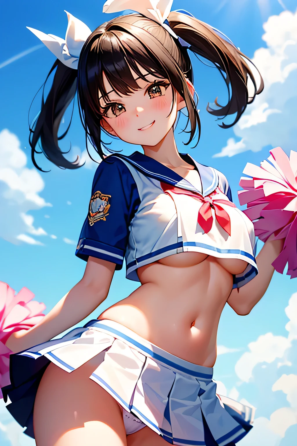 highest quality、High resolution、Detailed Background、(Beautiful face in every detail:1.4)、Anatomically correct、cute  girl、Twin tails、Bobcut、ponytail、(Huge breasts:1.2)、Perfect body line、Big Ass、Vast Sky、
(A Cheerleader jumping into the sky with a smile:1.5)、
Jumping and flying in the sky、Cheerleader、I support you、(Pom-pom:1.2)、

The sailor collar, a distinctive feature of the sailor uniform, is also used in cheerleader uniforms.、Cheerleaders&#39; sailor uniform skirts are generally short, like .、Sailor suit tops often have ribbons attached、

White floral embroidered panties、White floral embroidered bra、Emphasize underboob、Underboob is visible、Angle from below、 smile、Healthful、Healthy thighs、Healthy Beauty、With legs apart、Panty Shot、cute