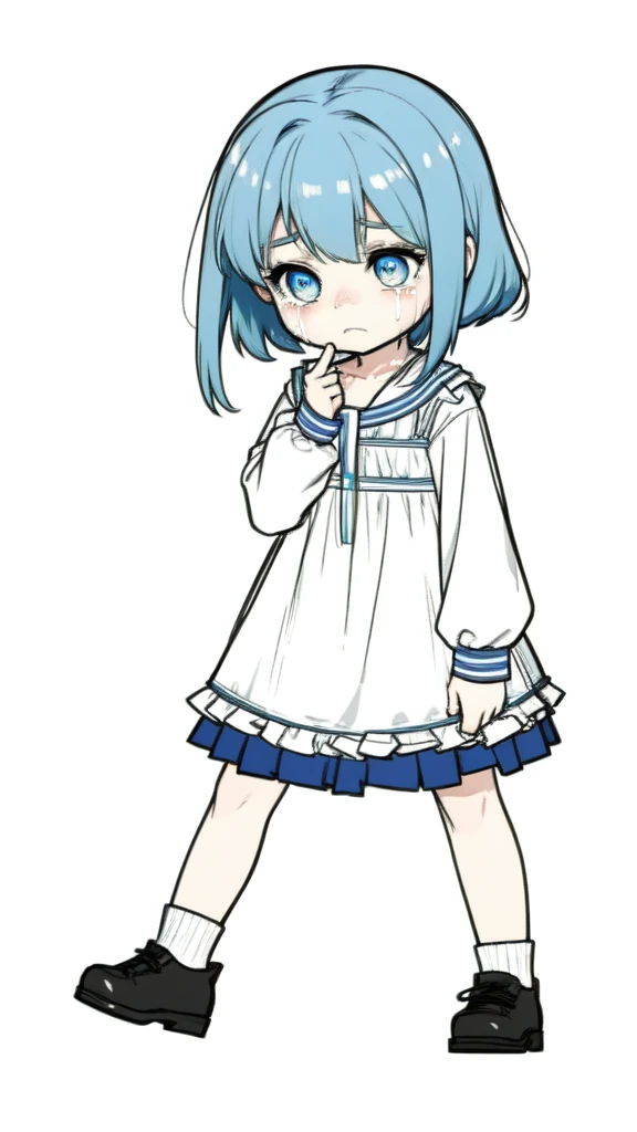 best quality, chibi, 1 girl,blue hair,Pure white background,Vivid,clearly,sad face,Walking,Are crying,shout,Sit down