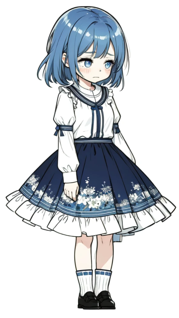 best quality, chibi, 1 girl,blue hair,Pure white background,Vivid,clearly,sad face,Walking,Are crying,shout,Sit down