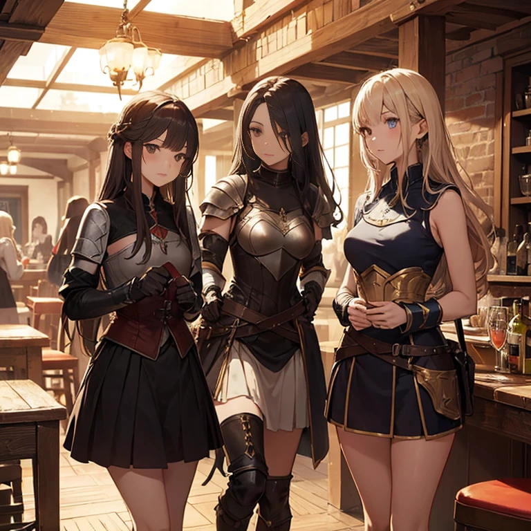 A group of  female medieval fantasy adventurers, (in tavern), various hair styles, harem, night, details face, short skirt, seducing, sleeveless, armor 