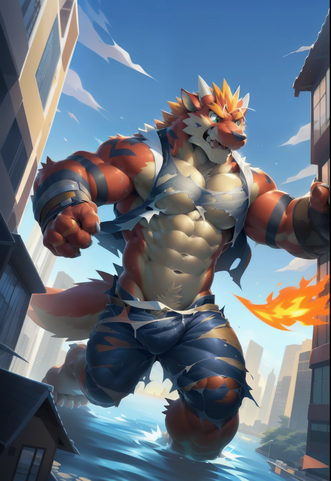 (full body), long shot, detailed background, (((Fire breathing) )), delga, solo, male, anthro, green eyes, detailed eyes, (scowl, nervous, running, ((athletic slim, slim hunk, serious, scared), ripped clothes, swimming trunk), by null-ghost, by takemoto arashi, by canyne khai, macro in city