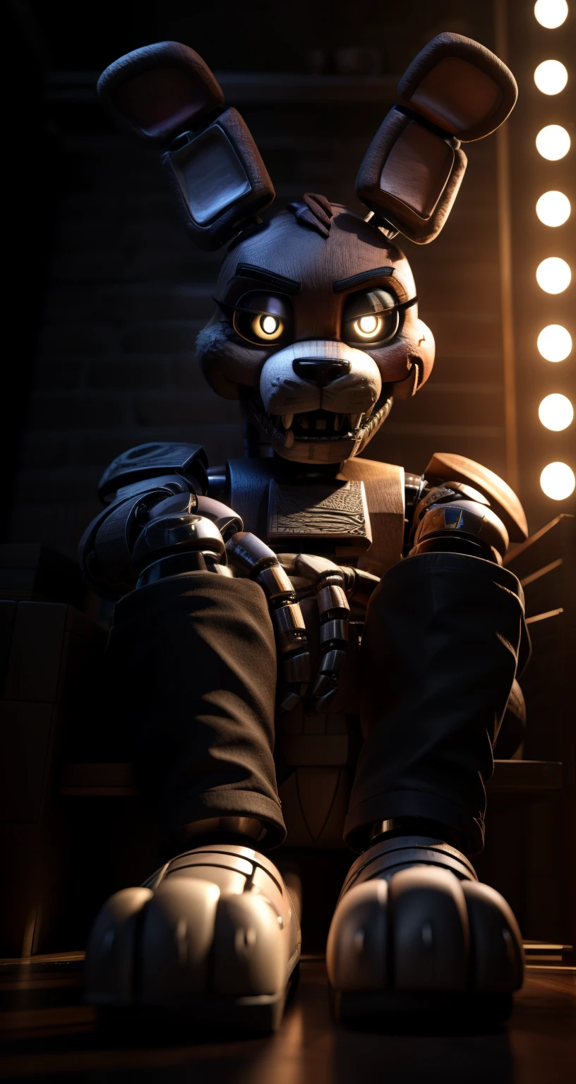 a bonnie the rabbit animatronic from five nights at freddy's, feet facing the viewer, extremely detailed, photorealistic, professional lighting, studio quality, 8k, masterpiece, intricate details, hyper realistic, sharp focus, physically-based rendering, cinematic lighting, dramatic shadows, volumetric lighting, unreal engine