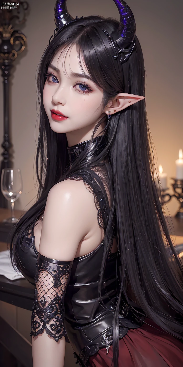 (best quality), (highly detailed, ultra realistic), ultra realistic 8k CG, masterpiece, absurdres, extremely detailed face, beautiful face, (extremely detailed eyes, deep purple eyes, beautful and detailed eyes, intricate iris), (solo, elf), (long black horns, horns curved backwards), slit pupils, (beautful detailed face:1.2), black hair, very long hair, very long bangs, hair covering eyes, tbig eyes, eyelashes:1.2, eyeliner, (oily and shiny skin, deep skin), beautful and detailed red lips, mature female, evil smile, v-shaped smile, blush face, (focus on face), eyes half closed, earrings,
fishnet clothes, fishenet legwear,