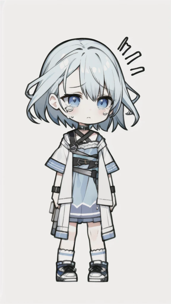 best quality, chibi, 1 girl,blue hair,Pure white background,Vivid,clearly,sad face,Walking,Are crying,shout,Sit down