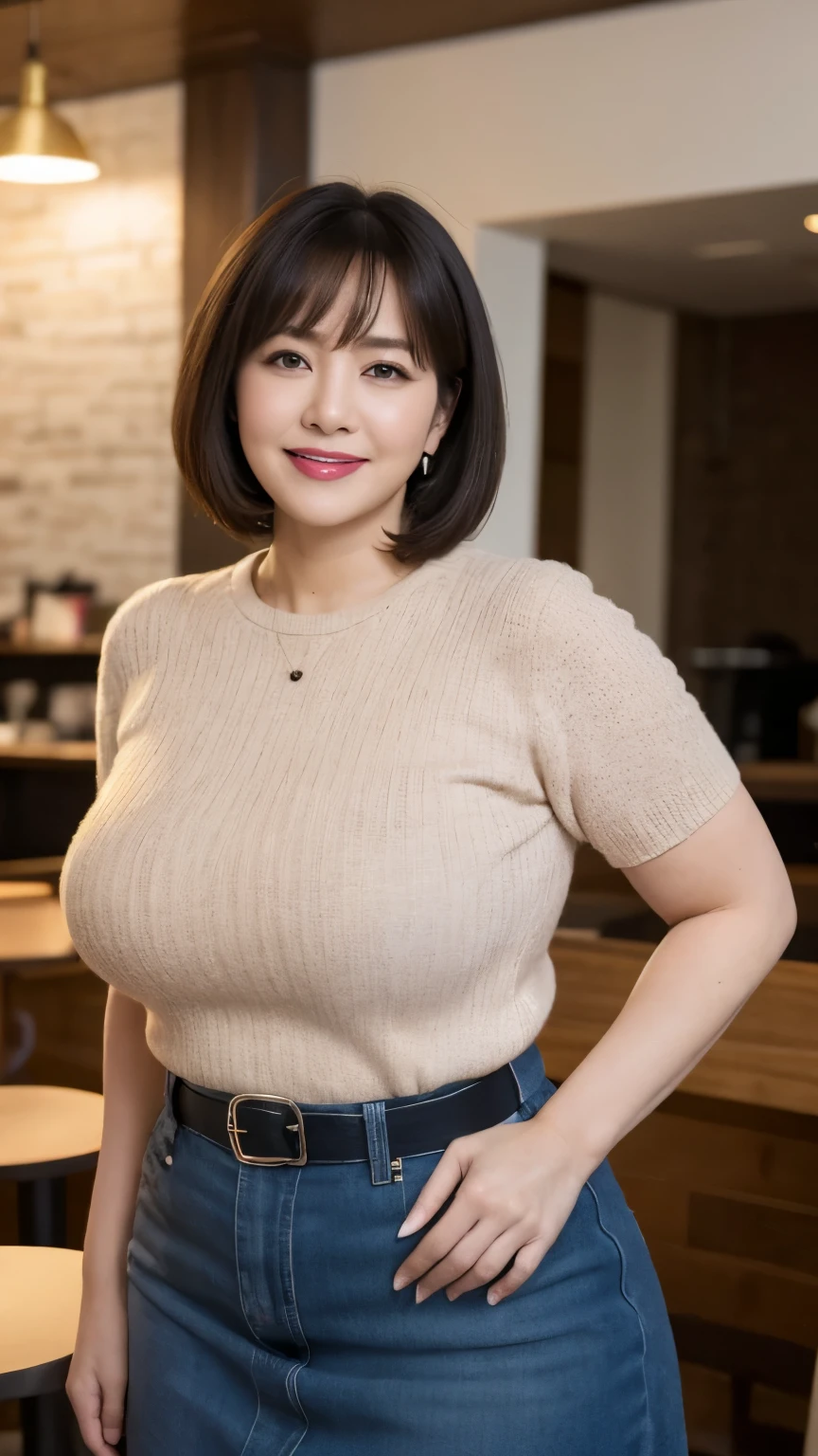 , highest quality, , Super detailed, In detail, High resolution, 8k wallpaper, Perfect dynamic composition, 1 beautiful plump mature woman, , Wearing a short-sleeved knit, Long skirt, short hair, Large Breasts, Natural color lip, Random Pause,Toothy smile, , A voluptuous 65-year-old mature woman, Stylish cafe, Background Blur