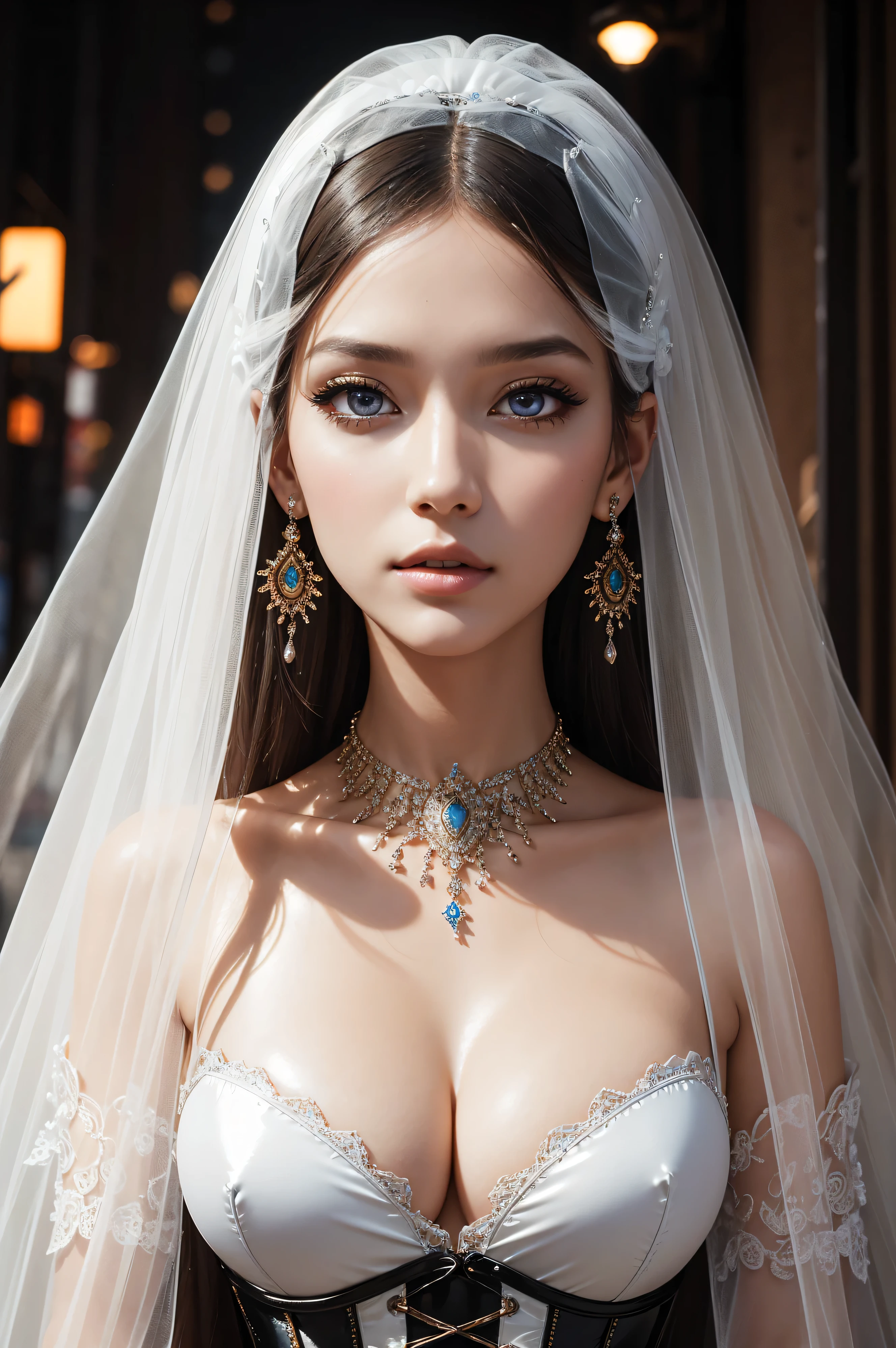 16K, ultra hd, masterpiece, portrait Azura Grace, detailed eyes, very long hair, impressive hairstyle, earings, necklace, big breasts, see-through, latex veil corset dress, Light-colored foundation brings out the, against the background of Manhattan
