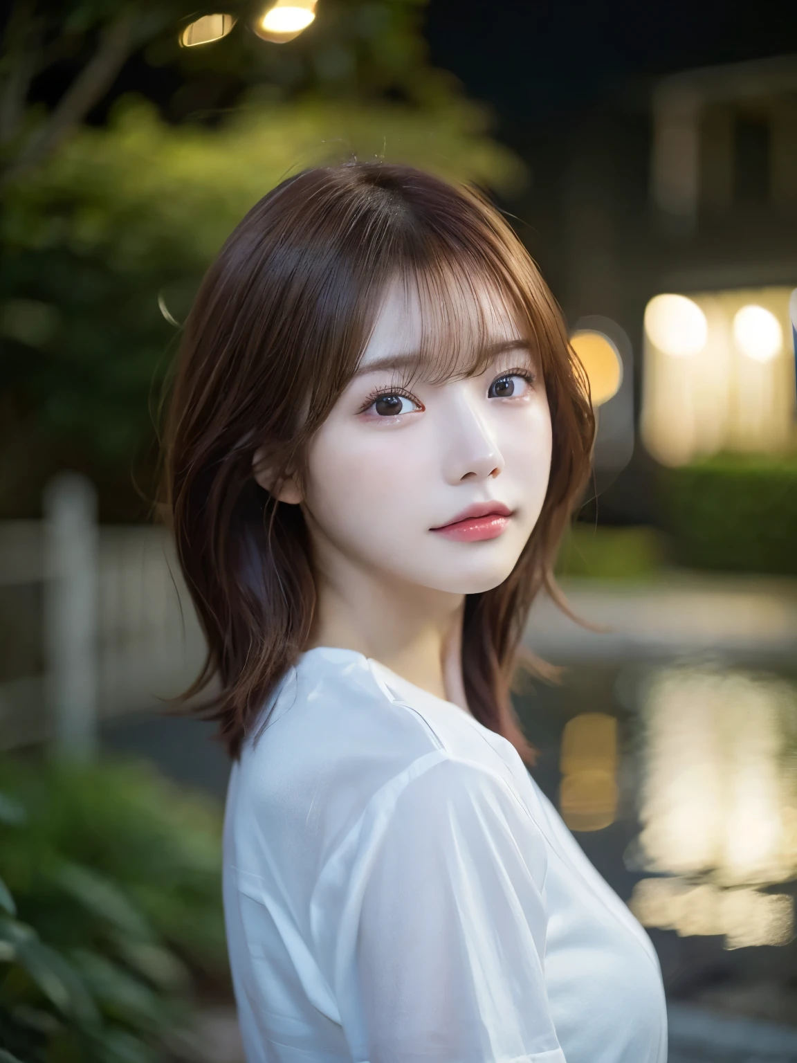 (highest quality,masterpiece:1.3,超A high resolution,),(Very detailed,Caustics),(Photorealistic:1.4,RAW shooting,)Ultra-Realistic Capture,Very detailed,High resolution 16K for human skin、 Natural skin texture、、Skin tone is even and healthy looking、 Use natural light and color,One Woman,Japanese,,cute,Redhead,Mid-length hair,(Written boundary depth、chromatic aberration、、Wide range of lighting、Natural Shading、)、(Outdoor lighting at night:1.4)、(Hair swaying in the wind:1)、short hair、(Exposure:3.0)、See-through white shirt