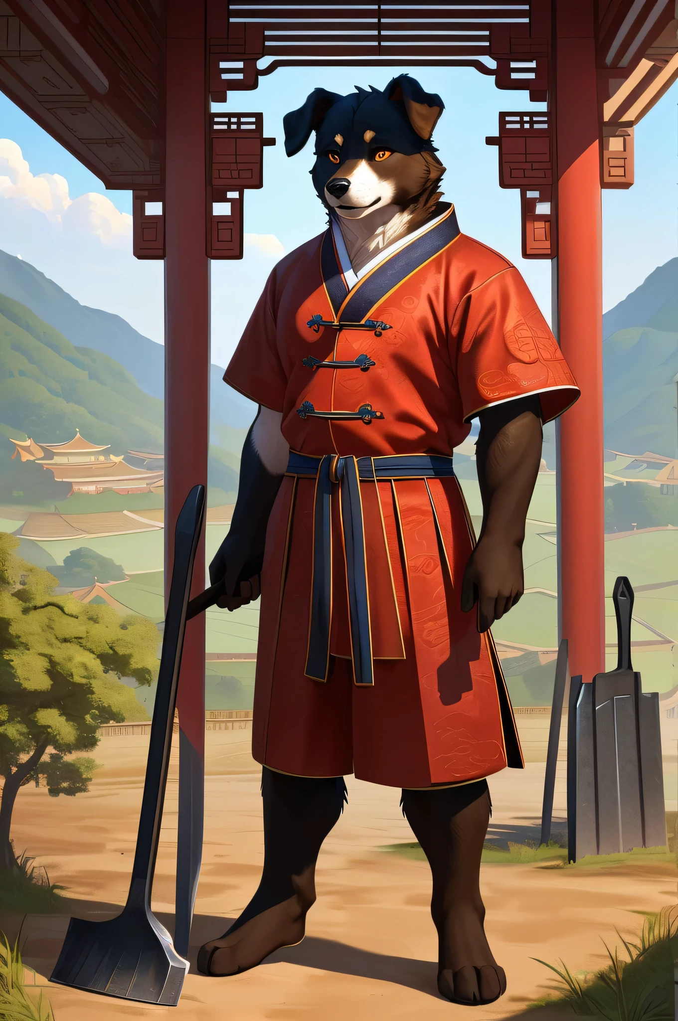 Extremely detailed CG unity 8k wallpaper ，A man holding a shovel, human dog, Anthropomorphic dog man, (SFW) Work, Anthropomorphic dog male, Short full-body portrait!, Total commission, Whole body concept, SFW version, Furry Characters, high resolution committee，Chinese style rural background，Strong build