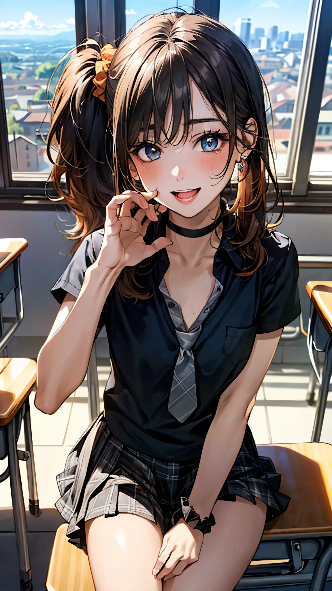 (masterpiece:1.3, top-quality, ultra high res, ultra detailed), (realistic, photorealistic:1.4), beautiful illustration, perfect lighting, natural lighting, colorful, depth of fields, ,
beautiful detailed hair, beautiful detailed face, beautiful detailed eyes, beautiful clavicle, beautiful body, beautiful chest, beautiful thigh, beautiful legs, beautiful fingers, shiny skin,
looking at viewer, 1 girl, high school girl, (perfect anatomy, anatomically correct, super detailed skin), cute and symmetrical face, babyface, perfect face, perfect eyes,
(long hair), break, (side ponytail, straight hair, persimmon orange hair), swept bangs, break, deep blue eyes, long eyelashes, (medium breasts, seductive thighs),
(detailed cloth texture), break, (black collared shirts, grey plaid pleated skirt), black choker, black hair scrunchie, break, deep green tie, wrist chakra, break,
(beautiful scenery), afternoon, (school classroom:1.2), cityscape of windows, (sitting on desk), (lovely smile, open mouth small),