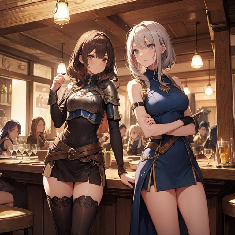 A group of female medieval fantasy adventurers, (in tavern), various hair styles, harem, night, details face, short skirt, seducing, sleeveless, armor