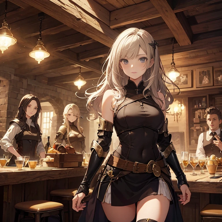 A group of  female medieval fantasy adventurers, (in tavern), various hair styles, harem, night, details face, short skirt, seducing, sleeveless, armor 