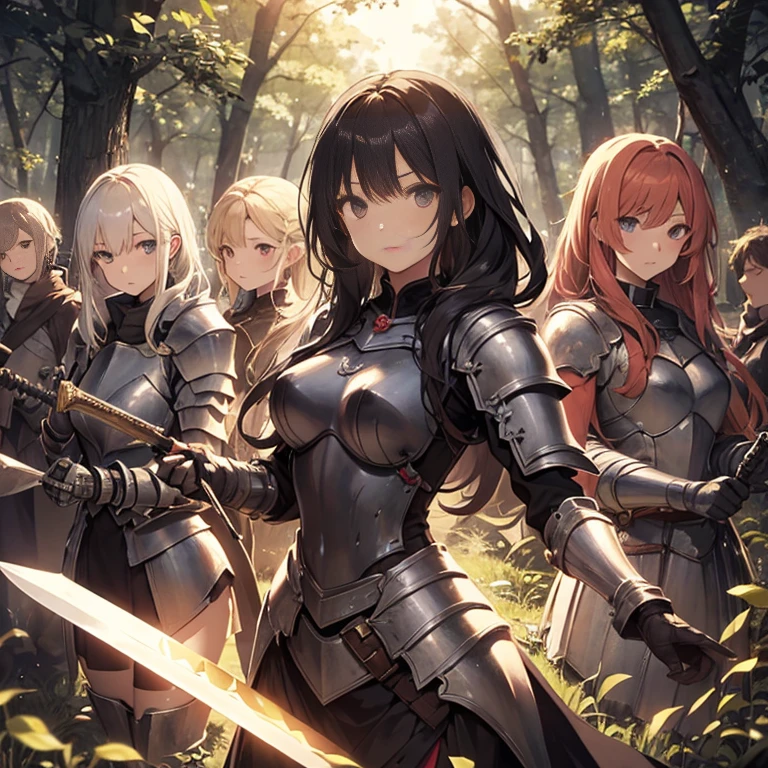 A group of  female knight, (in forest), various hair styles, harem, wearing armored clothes, metal armor, night, details face, , short skirt, seducing, sword 