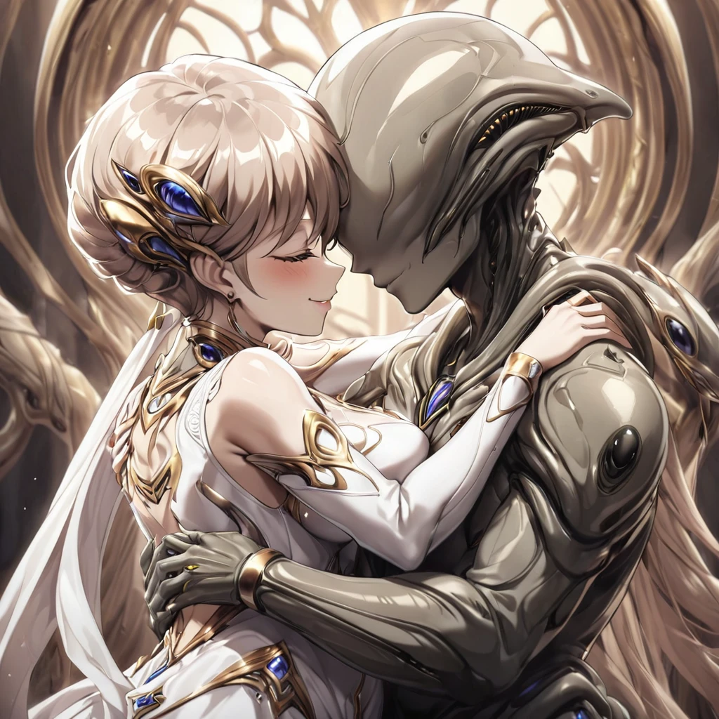 ((highest quality)), ((masterpiece)), (detailed), (Perfect Face)、(The woman is a beautiful alien named Princess Leona, with the same body as the alien, long light brown hair that is straight, a slender body but with normal breasts, and is wearing an alien suit and has alien decorations.)、With a gentle smile, she holds the alien in her wedding ceremony, hugs him, and kisses him to say goodbye.、The strange alien and the woman are in the alien nest, married to the alien, hugging each other with smiles on their faces and kissing each other as a vow.、The woman is wearing an engagement ring