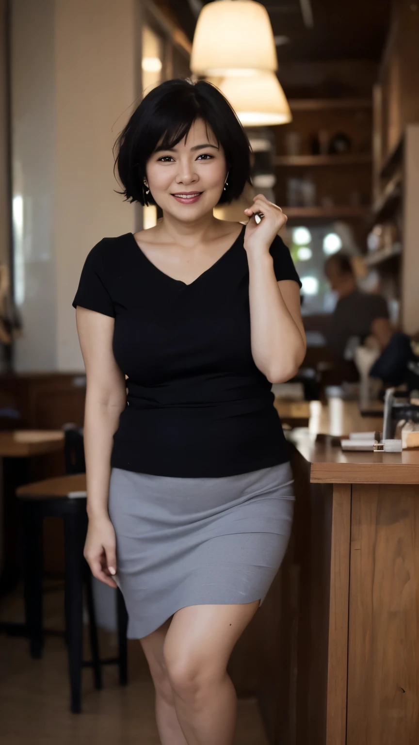 , highest quality, , Super detailed, In detail, High resolution, 8k wallpaper, Perfect dynamic composition, 1 beautiful plump mature woman, , Wearing a short-sleeved knit, Long skirt, short hair, Large Breasts, Natural color lip, Random Pause,Toothy smile, , A voluptuous 65-year-old mature woman, Stylish cafe, Background Blur