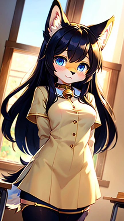 (fluffy anthro furry :1.6), ,13 year old cat girl,dark brown long hair,wavy hair,blue eyes, small large breasts,gold fur,gold cat ears,neck fur,pubic fur, ,ultra detailed fur, ,small bell collar,flower hair ornament,in school class with uniform,golden sun light, .full face blush,very hot,shy face,:3,looking at viewer,upper body only,middle far angle,