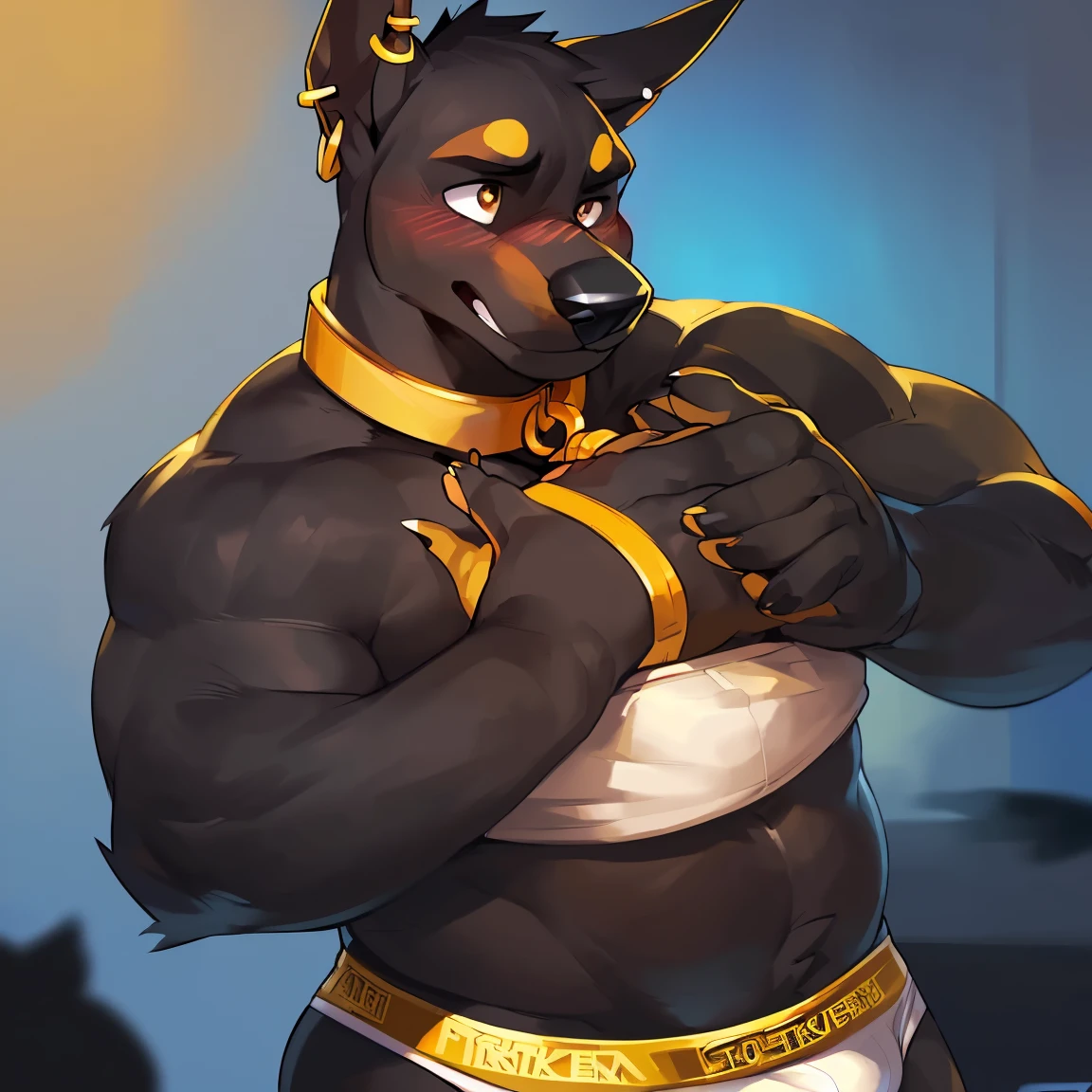 Solo, male (((dobermann, muscular, black fur, black body, black fur, black nose, brown eyes, flustered expression, blush, ear piercing, ear ring, golden collar, underwear, white underwea, all white underwear, short underwear, bulge))) standing, 5 fingers, posing, tail, hands, attractive, sedutor, ((focus eyes, focus pupils, focus black body, focus black fur, focus 5 fingers, focus golden collar, focus underwear)) adult character, by darkgem, by mystikfox61, by glitter trap boy