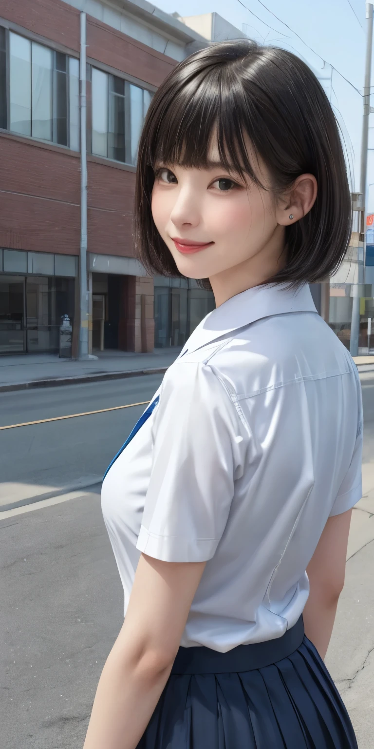 (masterpiece:1.3), (Realistic, RAW Photos, highest quality: 1.4), (One Girl), Beautiful Face, (超Realistic Face、シンメトリーのBeautiful Face), (Short black hair, short hair:1.6、bangs:1.3、Show off your beautiful ears), Beautiful Hairstyles, (Realistic eyes), Beautiful details, Long eyelashes, (Realistic Skin), Beautiful Skin, [Big Breasts:1.3], {Huge|big|Hugeな|Mega} chest, (Perfect body:1.3), (Detailed body:1.2), (tie), (Collared shirt, Pleated skirt:1.3), Absurd, charm, Ultra-high resolution, Ultra-realistic, Very detailed, Golden Ratio,Very cute beautiful woman、28 years old、Beautiful angle from behind、Background in front of the school building、smile、shut up.