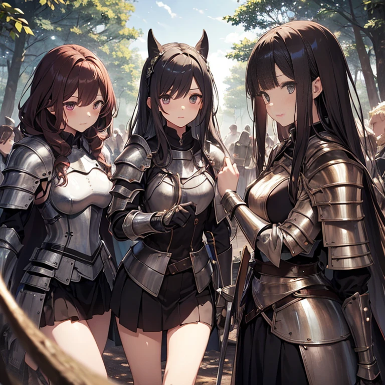 A group of female knight, (in forest), various hair styles, harem, wearing armored clothes, metal armor, night, details face, , short skirt, seducing, sword
