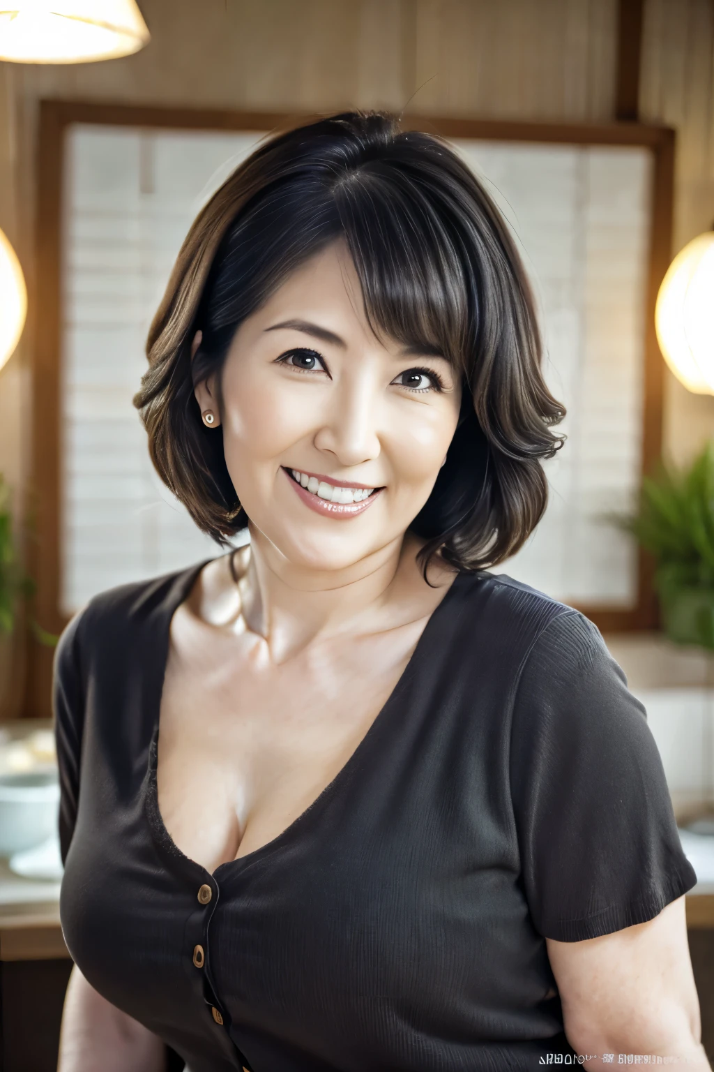 Portraiture, 8k, high quality, Realistic Photographic Images, Japanese women, 60 years old, Neat and clean wife, housewife, Beautiful wife, Large Breasts, Voluptuous figure, Natural and realistic eyes, Cute Face, Detailed face, Toothy smile, Beautiful black hair, Octane Rendering, Beautiful lighting, Golden ratio composition, Casual clothing, Plain clothing, Casual clothing, Natural background, Blurred Background, light makeup, Mature Woman, Background Blur