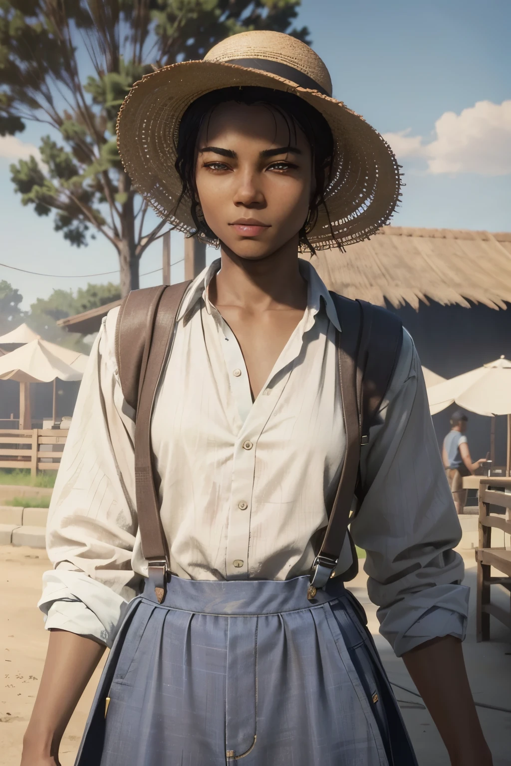 (masterpiece, best quality:1.3)
RDRAbigail, 1boy, solo, short hair, long shirt and suspenders, straw hat, dark skin, happy, realistic, medium shot, urban skate park, afternoon, vibrant and energetic with bright sunlight and shadows Artgerm, 4k, cinematic, close-up, emperor