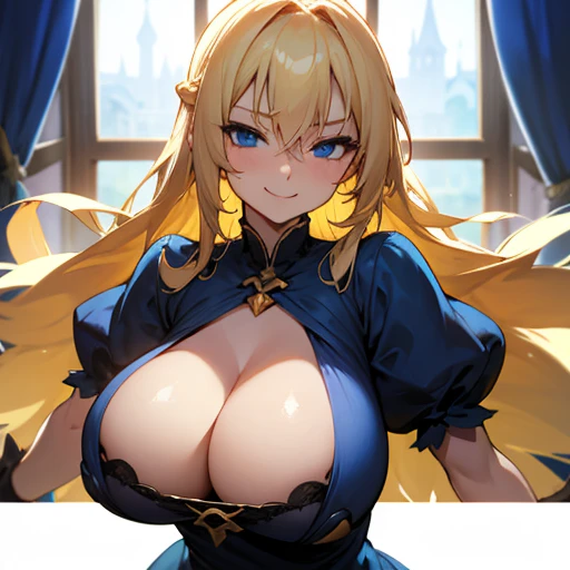 blonde hair, long hair, blue eyes, huge Brest,blue dress,boob window,smile, lusty eyes,smug look,