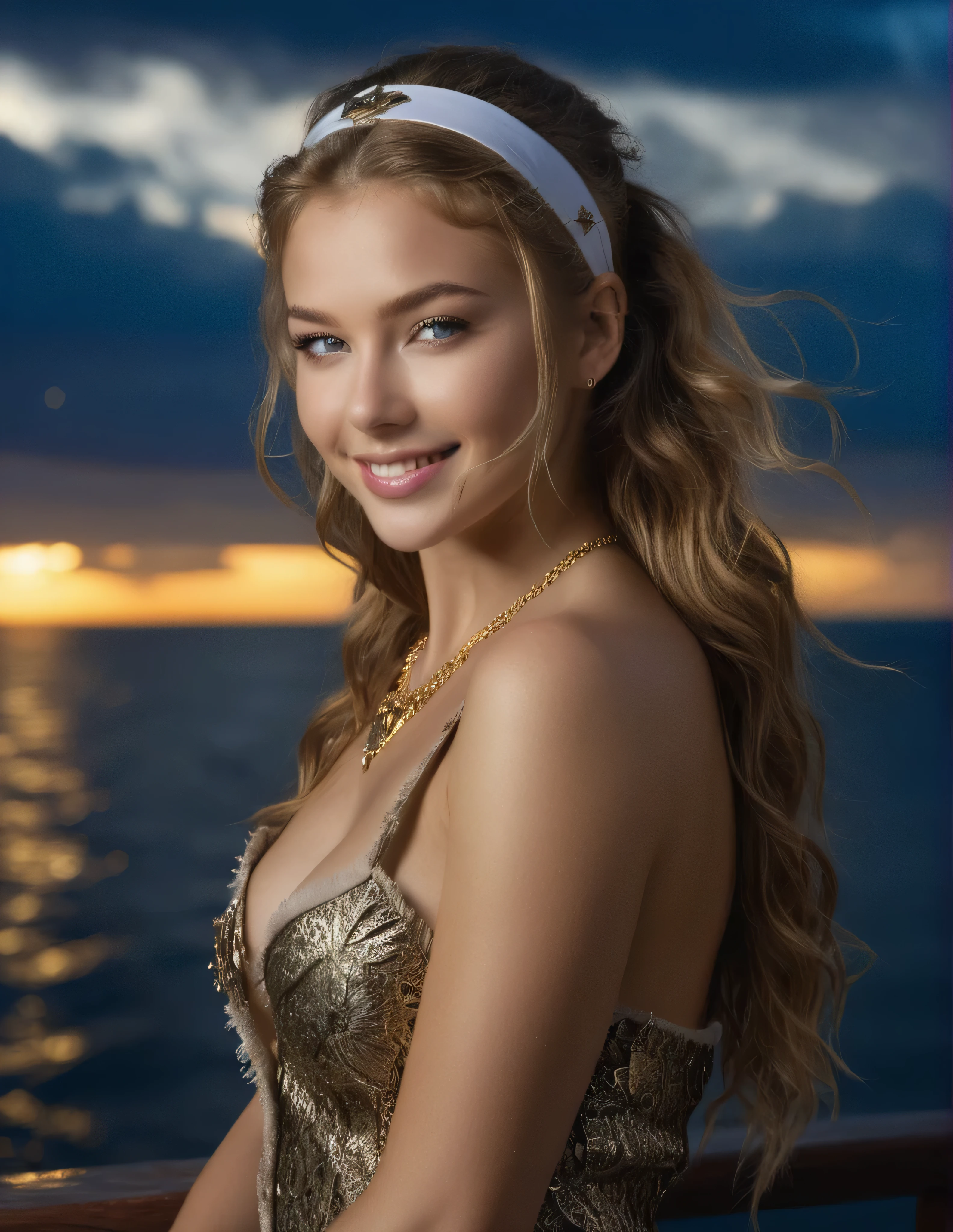 , (Ultra quality:1.2), (Ultra detailed:1.2), (Ultra detailed clothes:1.2), (Ultra detailed face:1.2), (Ultra detailed eyes:1.2), (Ultra detailed body:1.2), (Ultra detailed weapons:1.2), (((young pirate girls, standing on the deck, torn clothes, using headband, accesories made with bird's feather,))) different hair colors, pistol fights, battlefield in the background, fire in the background, night, epic light, dramatic sky realistic, , hyperrealism, lifelike photography, long brunette hair, smiling,bright light on face ,frontlighting, gown,golden necklaces,golden brochures, beautiful dark blue eyes ,professional makeup, pink lipstick,, Realistic, Hyperrealism, 
 , beautiful mesmerizing faces ,  nebulas and stars at the horizon, dark blue beautiful symmetric eyes ,perfect eyes,extremely detailed face, lifelike photography, ultra high detailed,naughty smile ,high  quality ,alluring beauty full body shot, gorgeous Russian girl, awesome action photos, realistic, hyperrealism, fantasy , beautiful fit body, beautiful legs,reasonable nudity,  reasonable naked body parts, golden ratio,   , (((((Full Body Shot, back shot, front shot, side shot, queen of the pirates, heavily armed, she is wild but beautiful, bandana on head, pistol and swords))))) beautiful white teeth, 