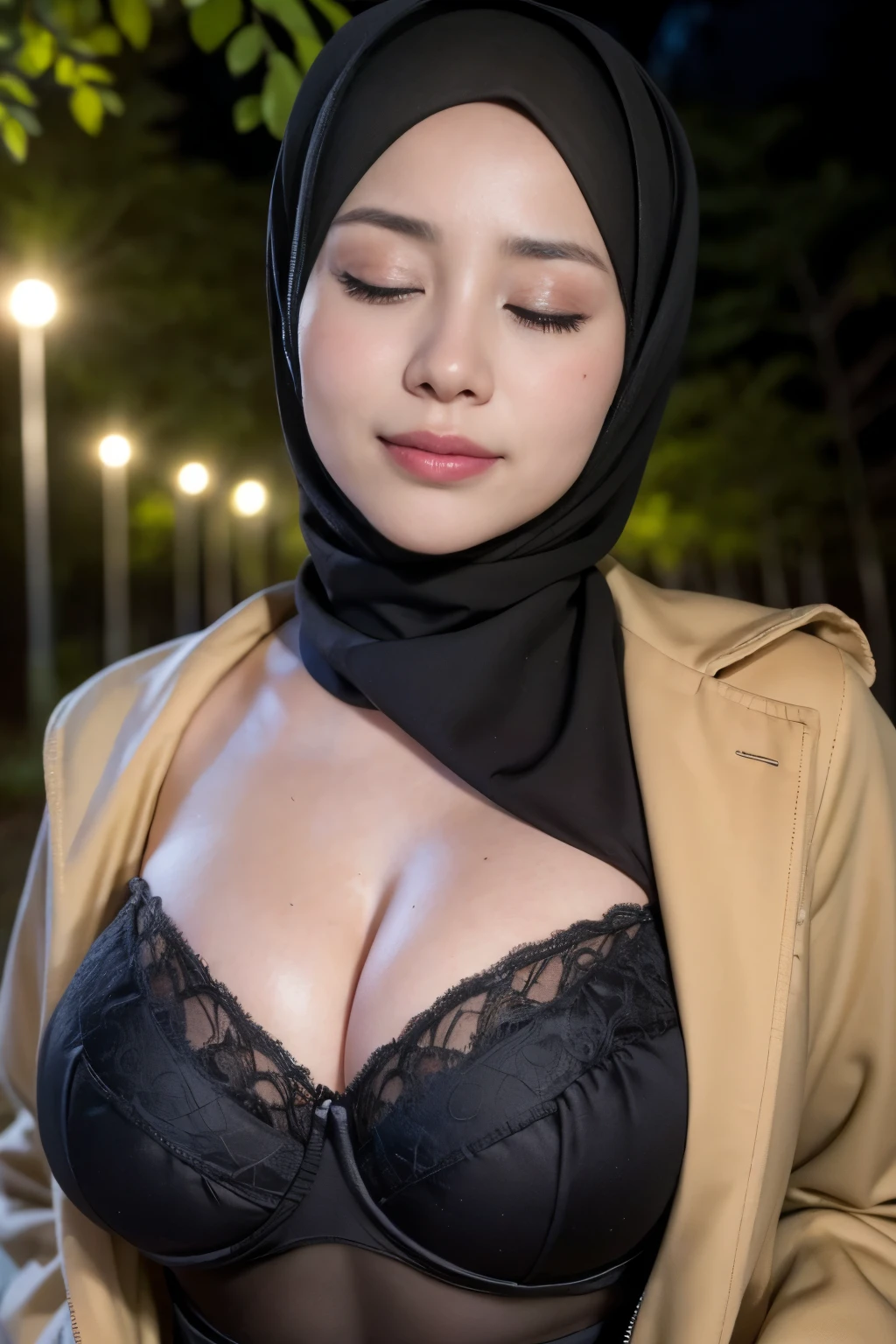 ((Closed eyes)), ((Lace Coats)), (Happy smile), (((HIJAB MALAY GIRL))), masutepiece, High quality, UHD 32K, Realistic face, Realistic skin feeling , A Japanese Lady, 8 years old, , Very cute and baby-like face, (((FLAT CHEST))), (Night time at forest), ((look In front  at the camera and SADNESS)), (((BROWN FLUORESCENT))), (((CUTE GIRL))), ((BROWN FLUORESCENT LIPS)), ((Floral Pattern)) little wearing strapless bra, strapless colorful bra, dark night background , black forest night, horror scary place, (huge saggy breast), ((HEAVY HUGE BREASTS)), (from behind up) seductive pose ((HUGE SAGGY BREASTS))