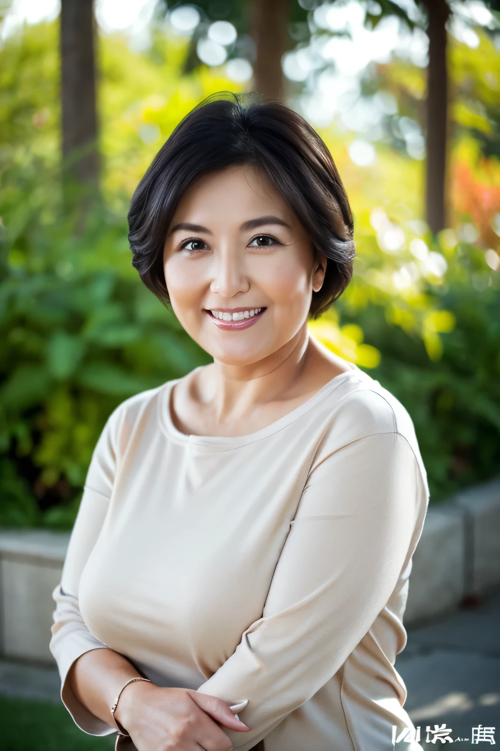Portraiture, 8k, high quality, Realistic Photographic Images, Japanese women, 60 years old, Neat and clean wife, housewife, Beautiful wife, Large Breasts, Voluptuous figure, Natural and realistic eyes, Cute Face, Detailed face, Toothy smile, Beautiful black hair, Octane Rendering, Beautiful lighting, Golden ratio composition, Casual clothing, Plain clothing, Casual clothing, Natural background, Blurred Background, light makeup, Mature Woman, Background Blur