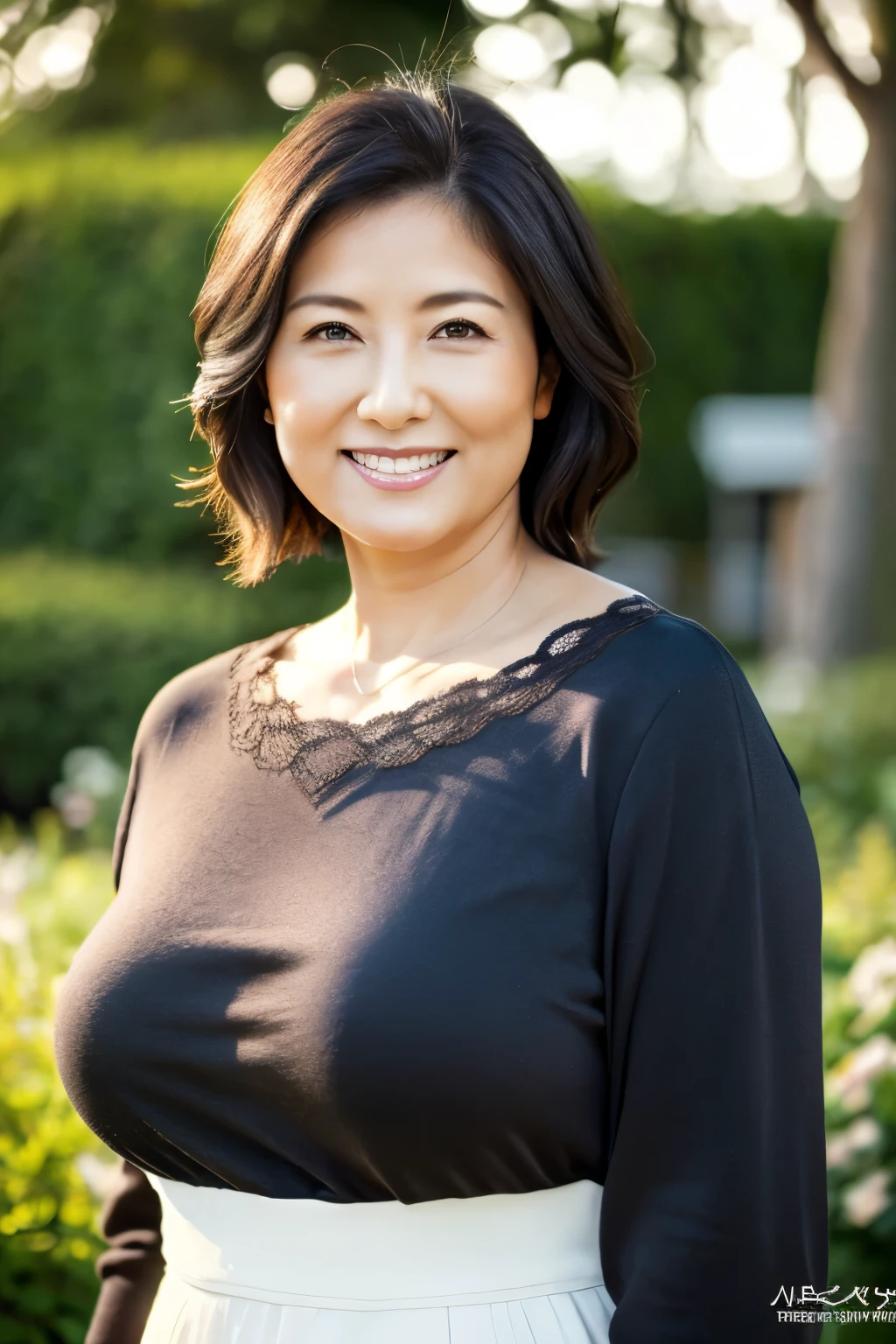, highest quality, , Super detailed, In detail, High resolution, 8k wallpaper, Perfect dynamic composition, 1 beautiful plump mature woman, , Wearing a short-sleeved knit, Long skirt, short hair, Large Breasts, Natural color lip, Random Pause,Toothy smile, , A voluptuous 65-year-old mature woman, Stylish cafe, Background Blur