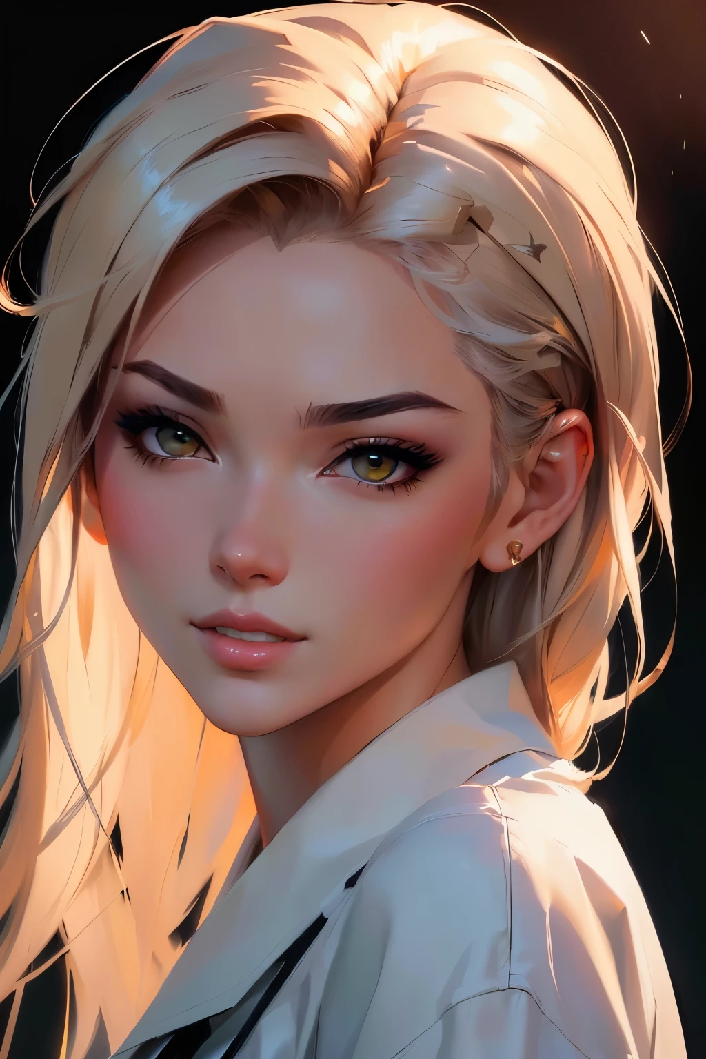 um close de uma mulher com cabelos loiros e olhos azuis, estilo ross tran, Retrato de RossDraws, impressionante retrato de rosto de anime, ross tran!!!, lindo retrato de anime, estilo artgerm, no estilo de Ross Tran, inspirado em Ross Tran, Ross Draws 1. 0, pintura digital rossdraws, Ilya Kuvshinov com cabelo comprido