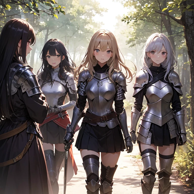 A group of female knight, (in forest), various hair styles, harem, wearing armored clothes, metal armor, night, details face, , short skirt, seducing, sword