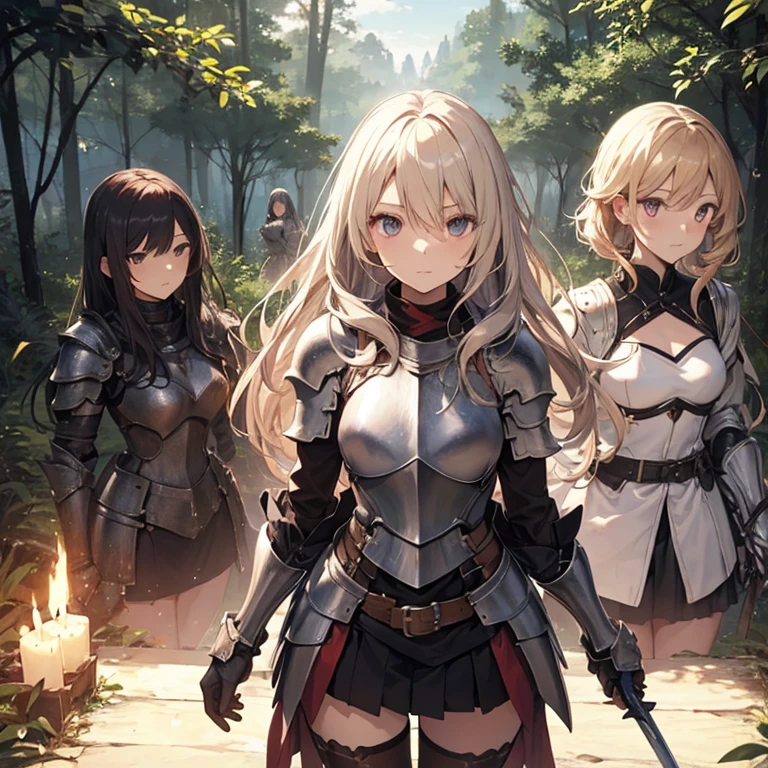 A group of female knight, (in forest), various hair styles, harem, wearing armored clothes, metal armor, night, details face, , short skirt, seducing, sword
