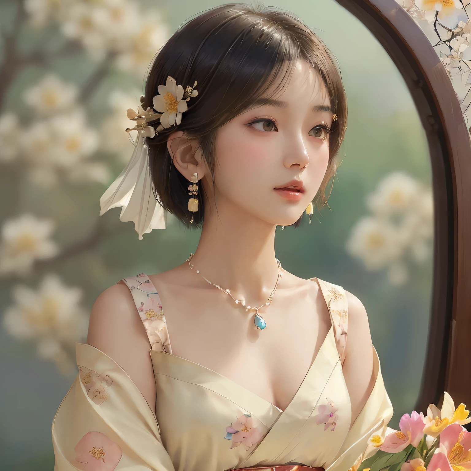 ((upper body)), ((from below)), ((realistic)), 1 Asian female model, A young girl, (Close up), short bob hairstyle, short hair, straight bang), Look out the window, Pleasing posture, Eye-catching poses, Detailed scenes,  Brownish-yellow hair, light make-up, Blushlush,  ((hanfu, cropped shoulders, Floral), thin, (Extremely high color saturation), cleavage of the breast, Detailed details, Super detailed, (tmasterpiece, best qualtiy), (An extremely delicate and beautiful work), Delicate earrings, Delicate necklace,  blurred background, Extreme detail description, Ultra-fine painting, Delicate face, slim toned body, Slimming the waist, (anatomy correct)