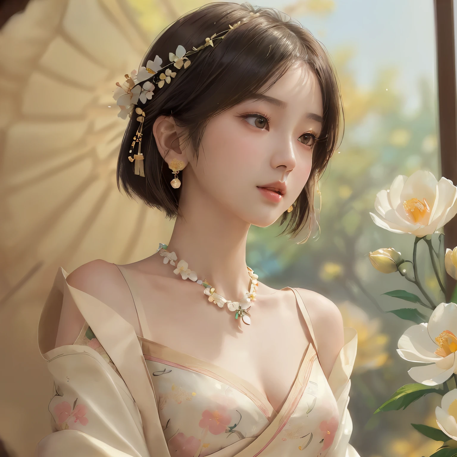 ((upper body)), ((from below)), ((realistic)), 1 Asian female model, A young girl, (Close up), short bob hairstyle, short hair, straight bang), Look out the window, Pleasing posture, Eye-catching poses, Detailed scenes,  Brownish-yellow hair, light make-up, Blushlush,  ((hanfu, cropped shoulders, Floral), thin, (Extremely high color saturation), cleavage of the breast, Detailed details, Super detailed, (tmasterpiece, best qualtiy), (An extremely delicate and beautiful work), Delicate earrings, Delicate necklace,  blurred background, Extreme detail description, Ultra-fine painting, Delicate face, slim toned body, Slimming the waist, (anatomy correct)