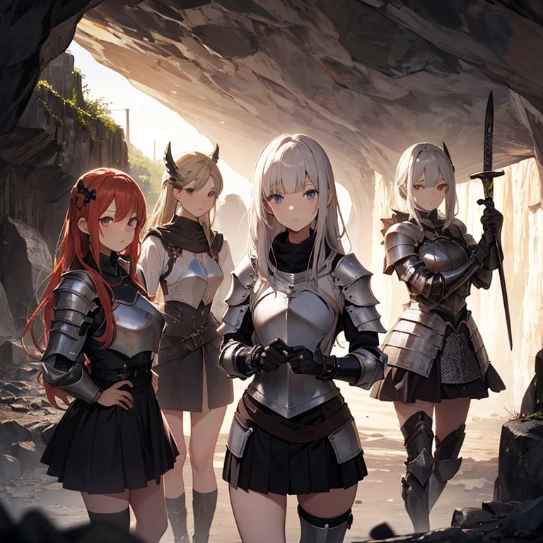A group of  female knight, (in cave), various hair styles, harem, wearing armored clothes, metal armor, details face, , short skirt, seducing, sword 