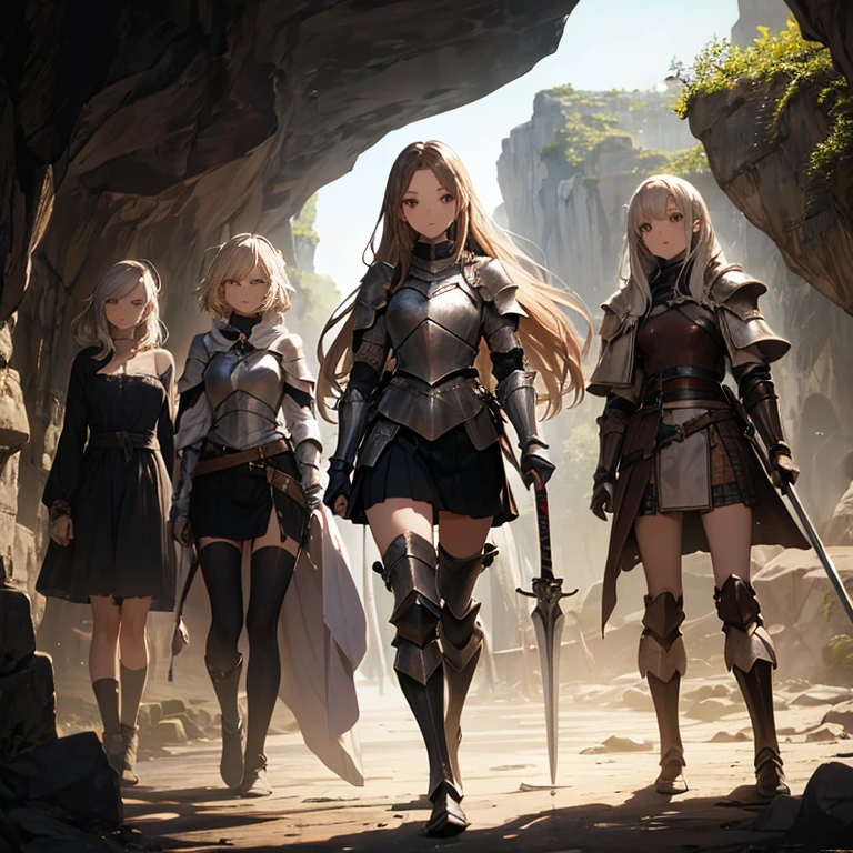 A group of female knight, (in cave), various hair styles, harem, wearing armored clothes, metal armor, details face, , short skirt, seducing, sword