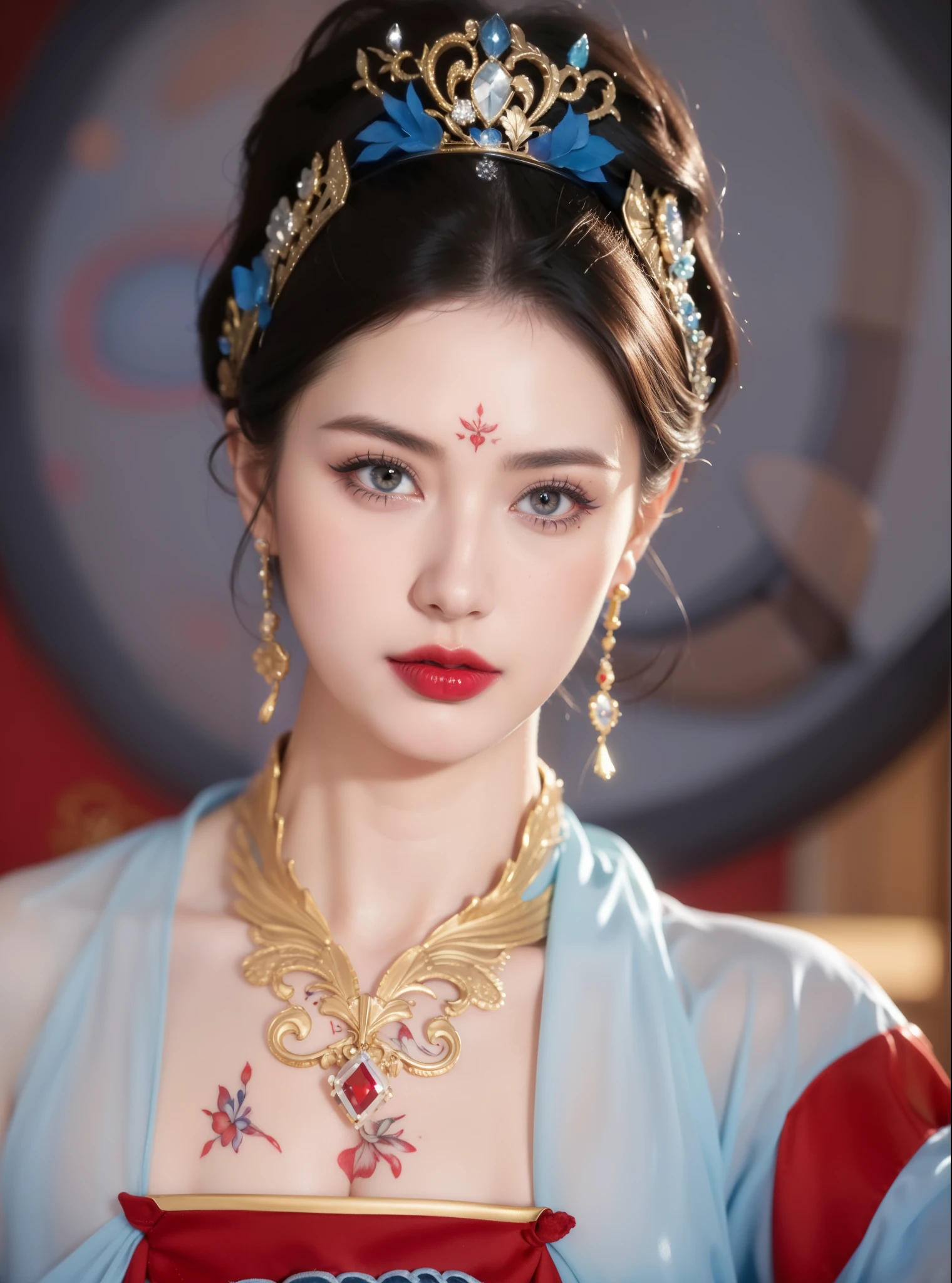 Royal princess，Super detailed, Delicate face, Stock Photography , Portrait 400, F1 Camera Lens.6, Colorful, Surrealism, Realistic textures, Dramatic Lighting, Thin Film Distiller 800 (8K, original photo, Better quality, masterpiece: 1.2), Super detailed, (Extremely delicate skin: 1.2), 8K Ultra HD, SLR camera, Soft Light, high quality.Fire Queen，Blue pupils，Apply red lipstick，Have a tattoo，The tattoo is very three-dimensional，Gorgeous and intricate tattoo designs，8K Mugshot，Large Breasts，Dark eyeshadow，Sexy thick lips(Red lipstick)，Ice Princess，The facial features are very three-dimensional，Wear lace prints，There are lying silkworms