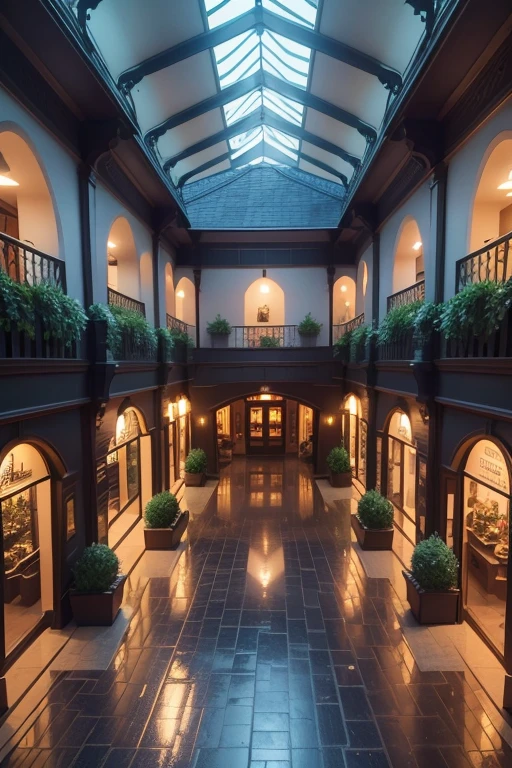 (village open mall),
dark smoth colors,
garden,
indirect light,
ornamental vegetation,
rainy day,
spot light,
two floors,
two storys,
{50 meters width},
{60 meters length},